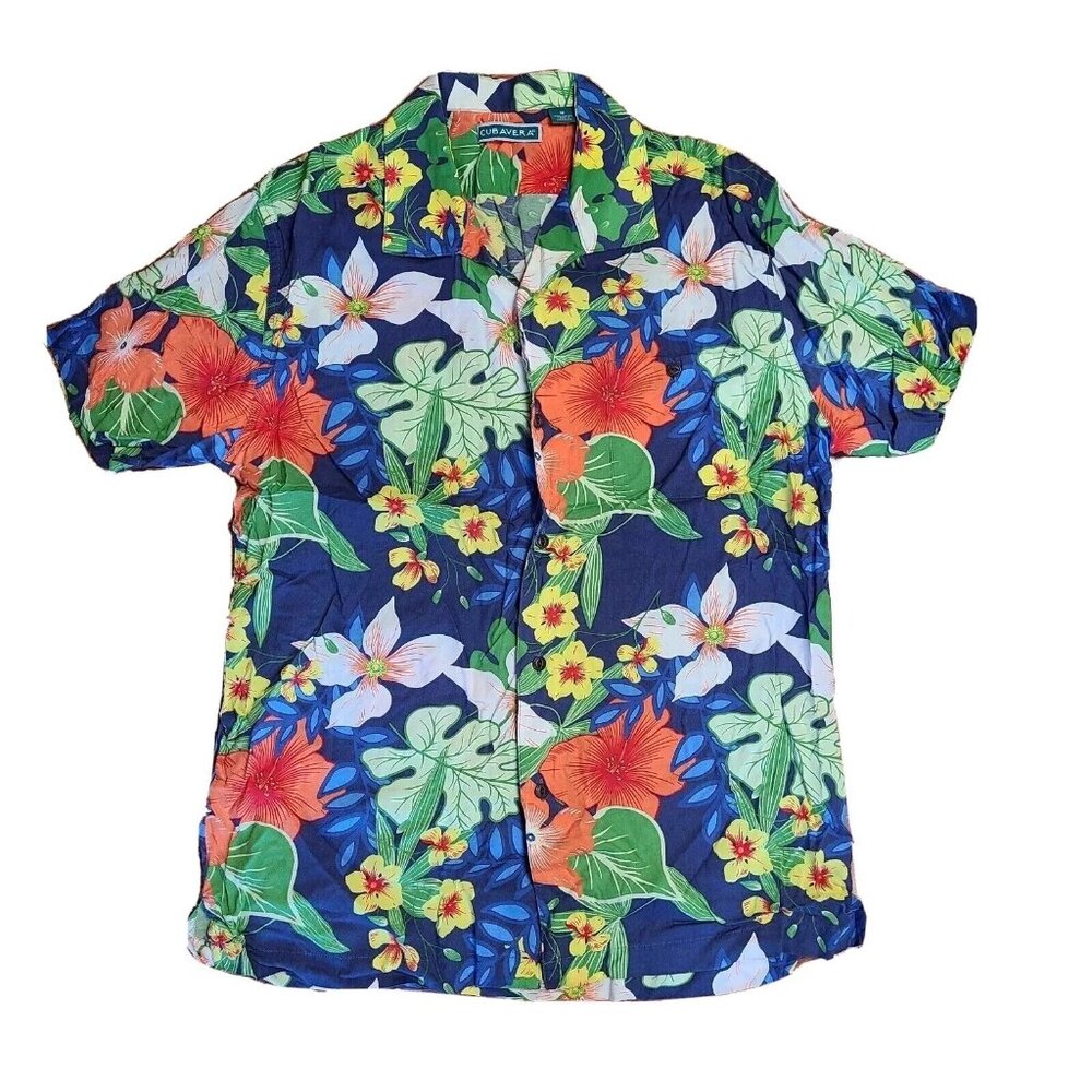 Cubavera Button Down Shirt Size M Floral Tropical Short Sleeve Moonlight Ocean‎
